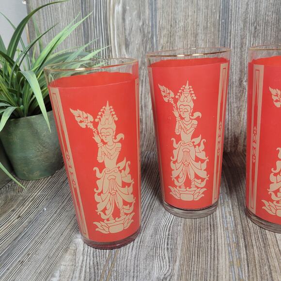 4 Vintage Red & Gold Thai Goddess Tumbler 60s Culver MCM Glasses - Picture 2 of 5